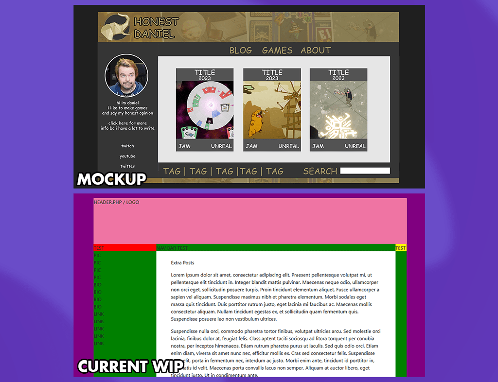 Quick mockup vs current WIP of HonestDanGame's wordpress theme