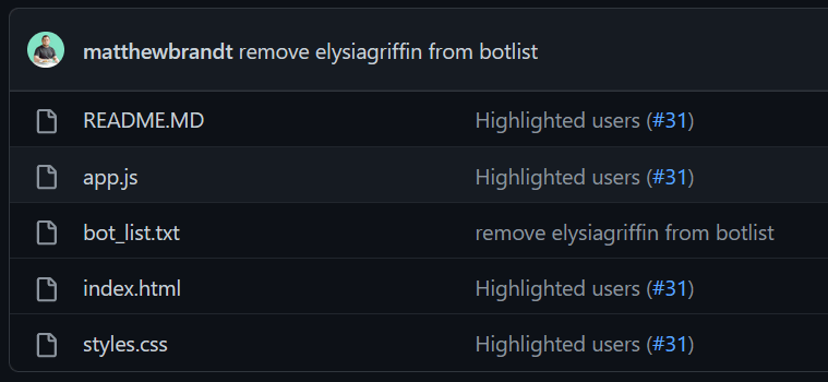 A screenshot of Matty_TwoShoe's GIthub Repository for Lurker Reveal that shows me being removed from the botlist