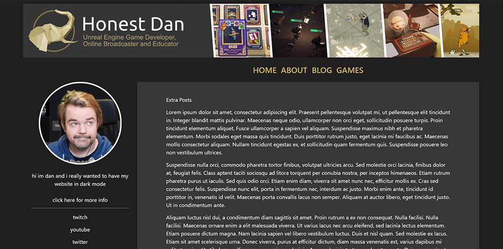 Screenshot of HonestDanGame's website WIP