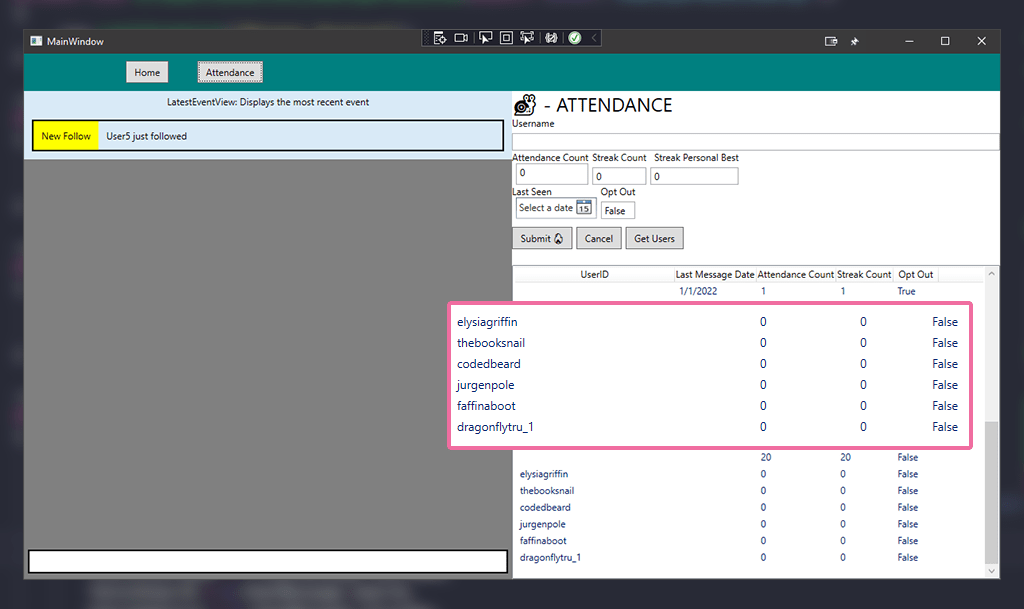 Screenshot of KoishiBot displaying users added to database from chat