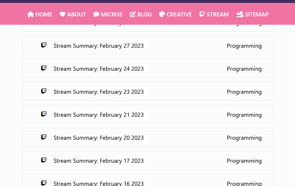 Screenshot of February Stream Summaries