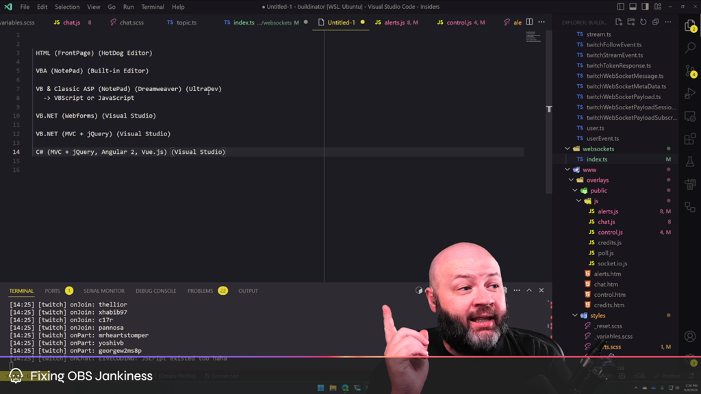 A screenshot from BaldBeardedBuilder's Twitch stream showing Visual Studio Code with some of the languages he's learned over the years.