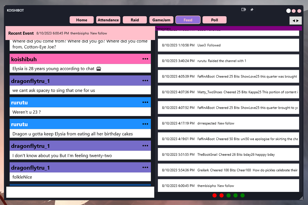 A screenshot of Koishibot as of August 10, 2023 showing all the Twitch chat and event feed