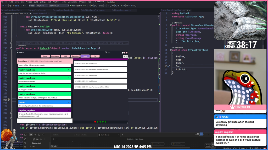 A screenshot of ElysiaGriffin's stream showing the event feed that now displays subscription events!