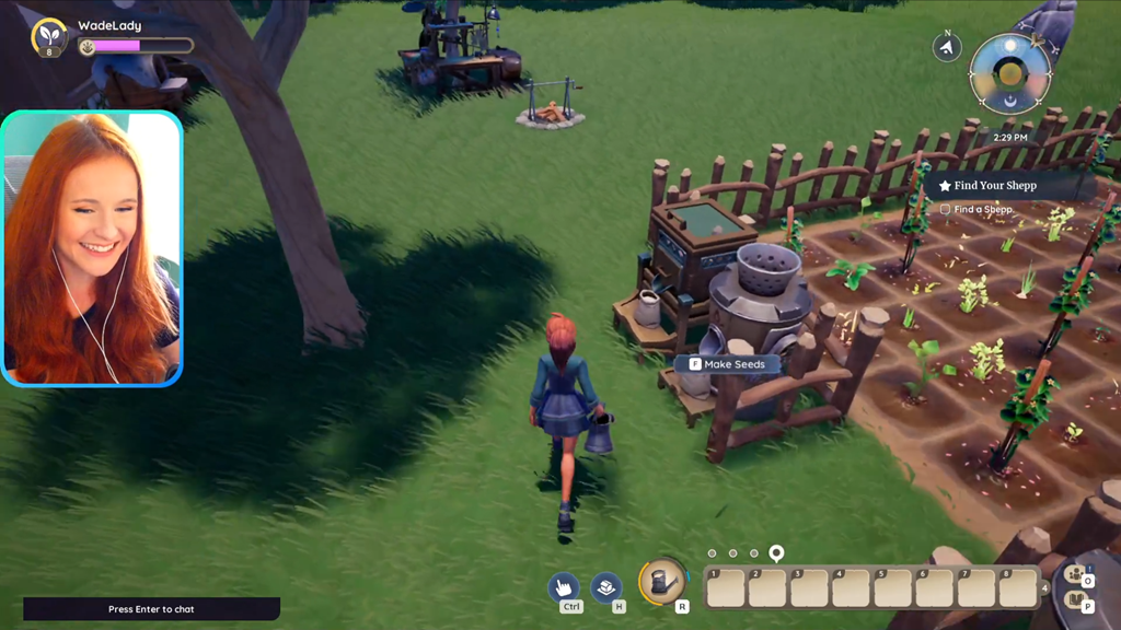 A screenshot from LadyWade's Twitch stream, as she tends to a garden in the cozy MMO sim game Palia