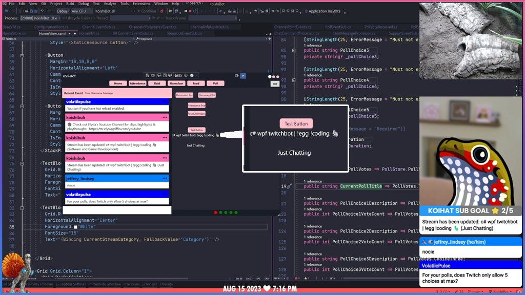 A screenshot of ElysiaGriffin's stream showing that the Koishibot UI can now display the Stream Title & Category